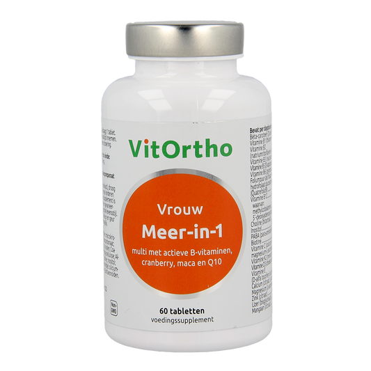 VitOrtho Meer in 1 vrouw multivitamine tabletten for women, showing a bottle of 60.00 tablets with colorful label.