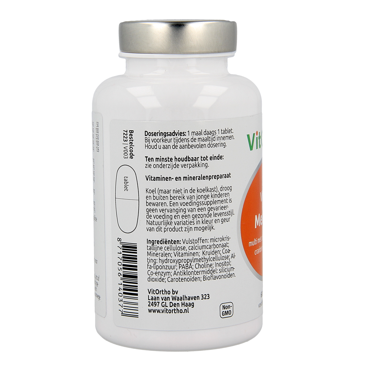 Bottle of VitOrtho Meer in 1 vrouw multivitamin tablets with 60 tablets, showing the product label and packaging.