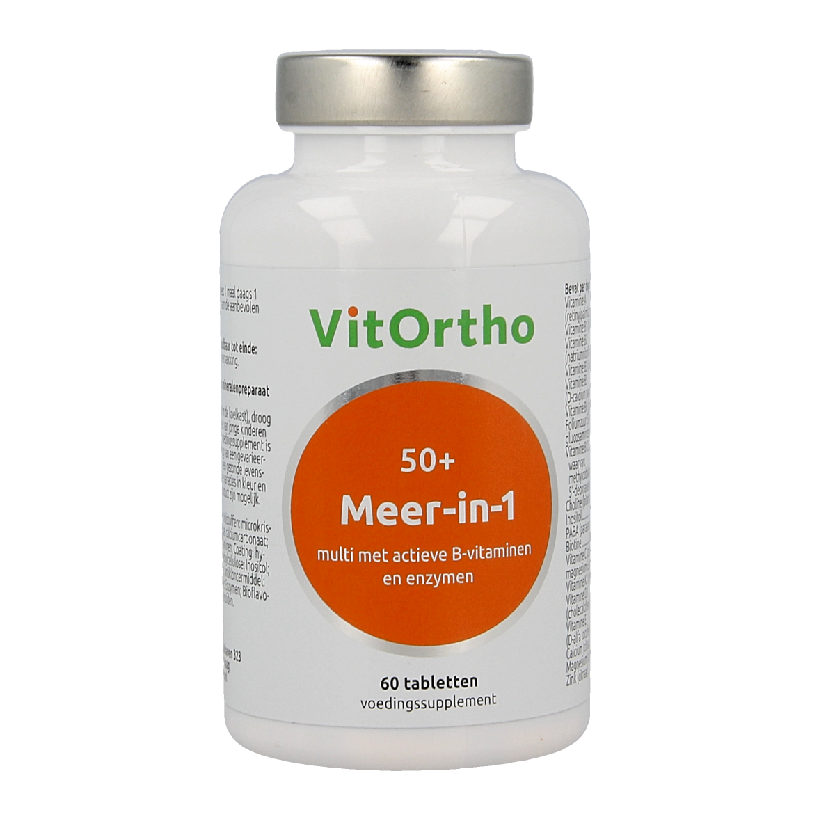 Bottle of VitOrtho Meer in 1 50+ multivitamin tablets with 60 pills, designed for adults over 50, showing the label and tablets inside.