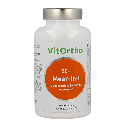 Bottle of VitOrtho Meer in 1 50+ multivitamin tablets with 60 pills, designed for adults over 50, showing the label and tablets inside.