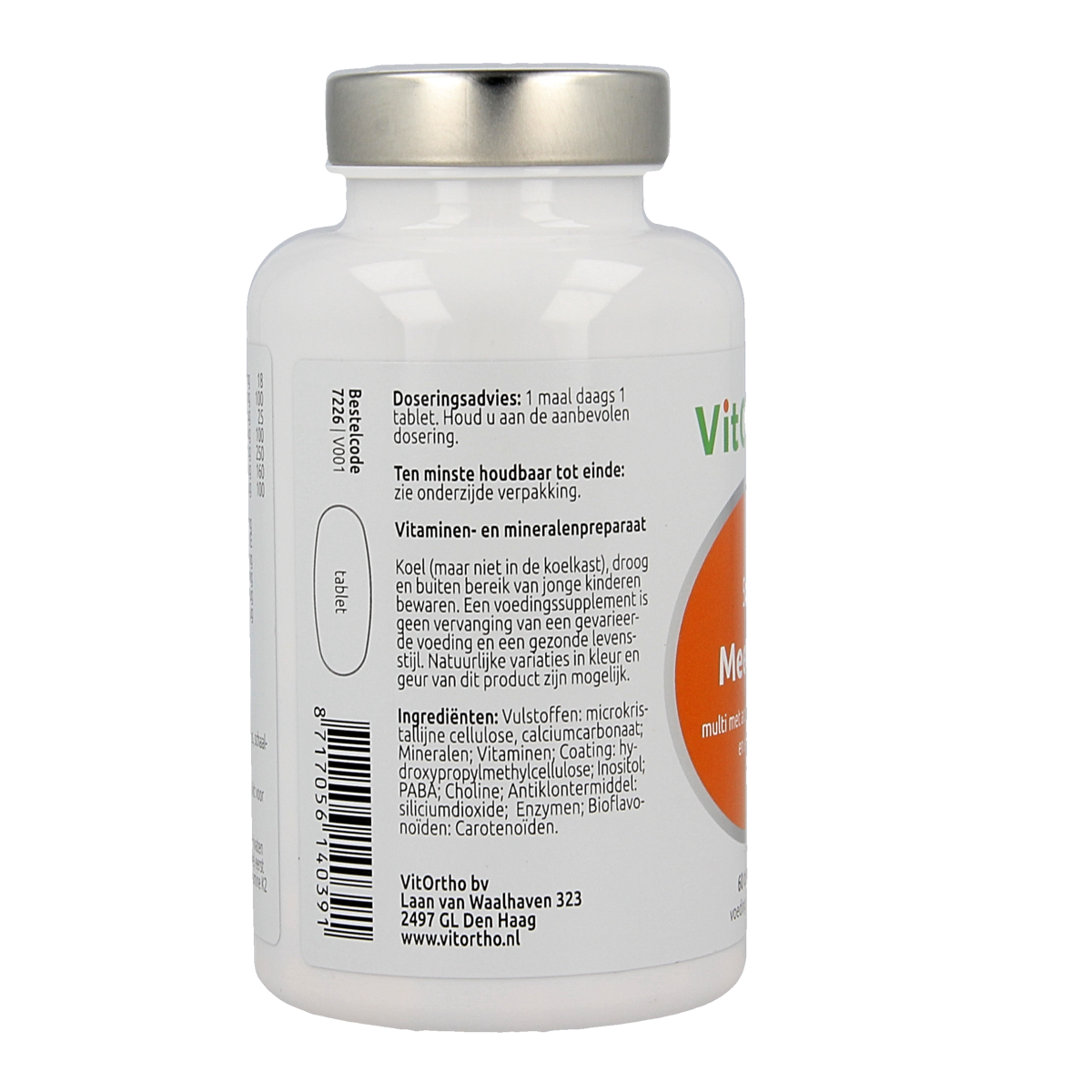 VitOrtho Meer in 1 50+ multivitamin tablets for adults, showing a close-up of the supplement bottle and tablets.
