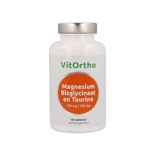 VitOrtho Magnesium bisglycinaat 100 mg with taurine 200 mg mineral tablets, natural supplement for muscle and nerve support.