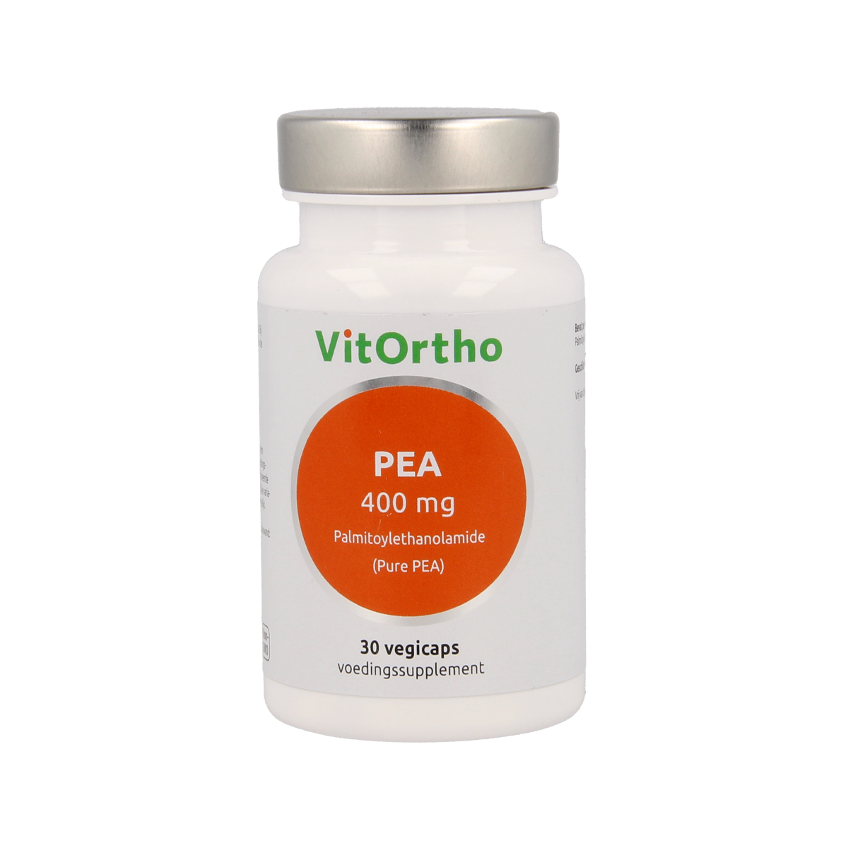 Bottle of VitOrtho PEA 400 mg palmitoylethanolamide vegetarian capsules, dietary supplement, with label details visible.