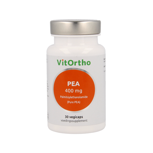 Bottle of VitOrtho PEA 400 mg palmitoylethanolamide vegetarian capsules, dietary supplement, with label details visible.