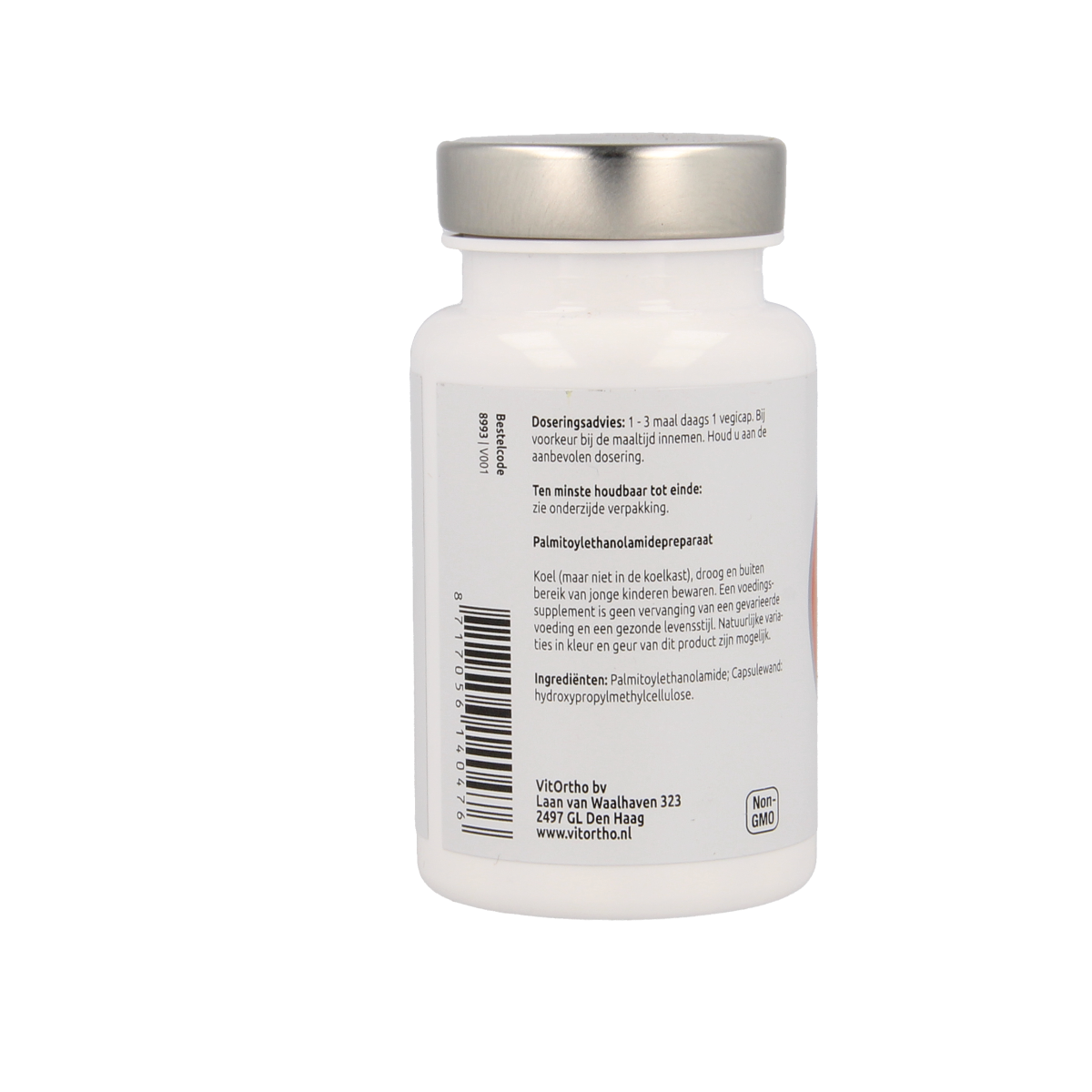 Vegetarian capsules of VitOrtho PEA 400 mg palmitoylethanolamide dietary supplement in a clear container.