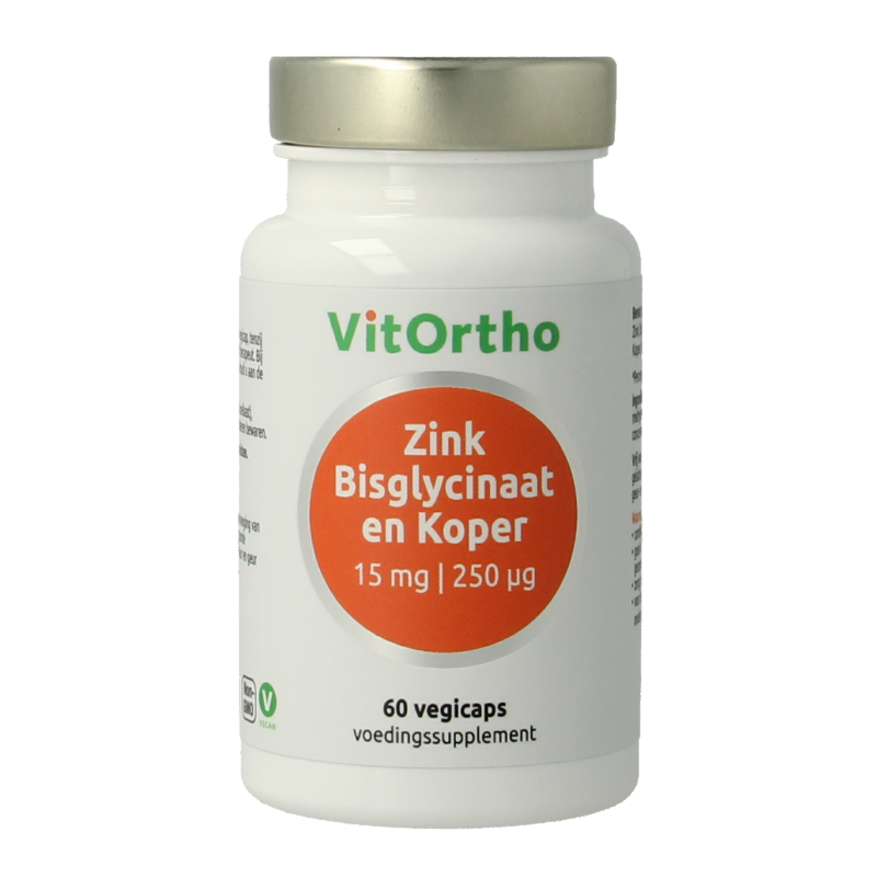 VitOrtho Zink bisglycinaat and koper capsules, 15mg zinc, 250mcg copper, 60 vegetarian mineral supplement capsules.