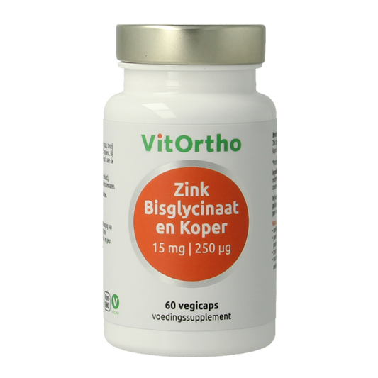 VitOrtho Zink bisglycinaat and koper capsules, 15mg zinc, 250mcg copper, 60 vegetarian mineral supplement capsules.