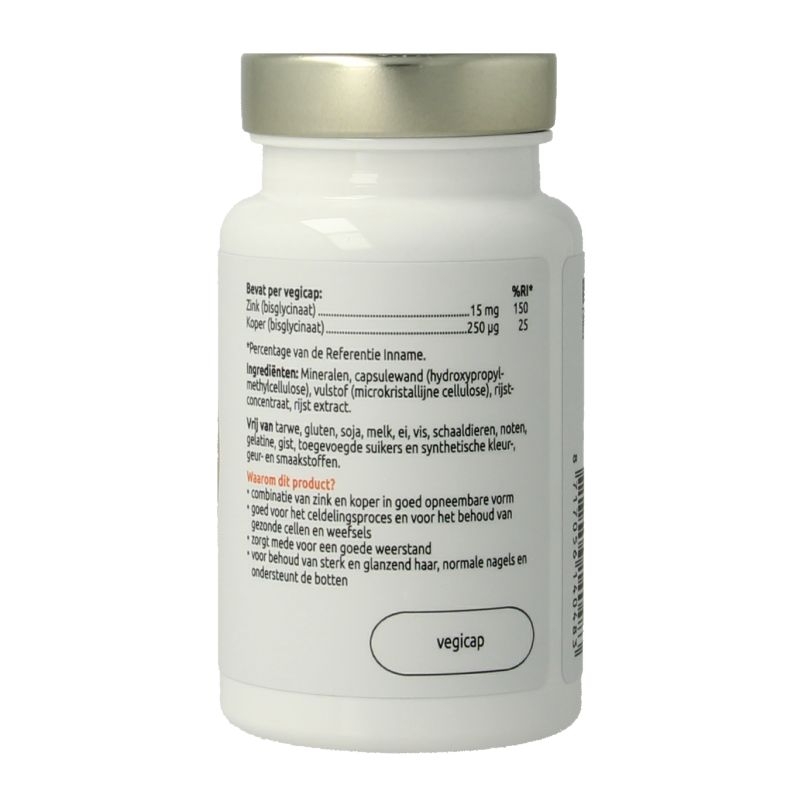 Vegetarian capsules of VitOrtho Zink bisglycinaat 15mg and koper 250mcg, mineral supplement in a clear bottle with capsules inside