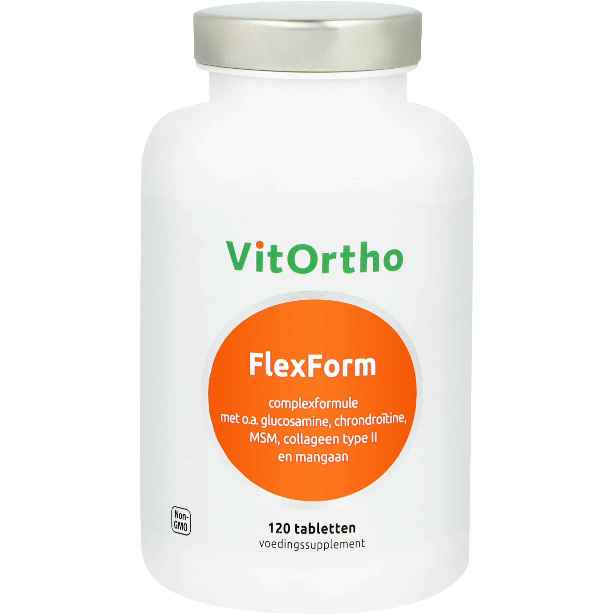 VitOrtho Flexform 120 tablets mineral multivitamin supplement showing the bottle and tablets on a white background.