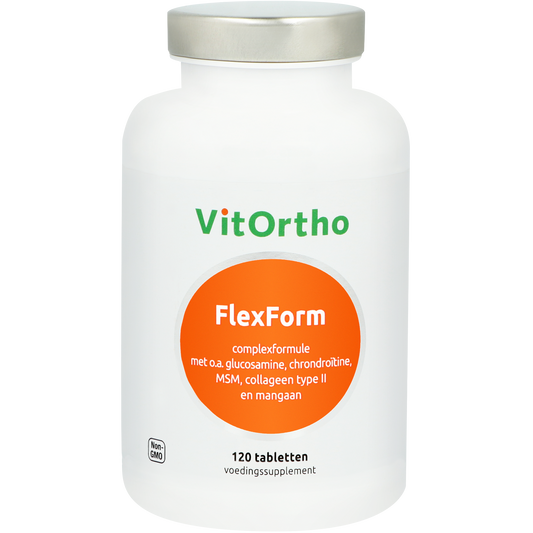 VitOrtho Flexform 120 tablets mineral multivitamin supplement showing the bottle and tablets on a white background.