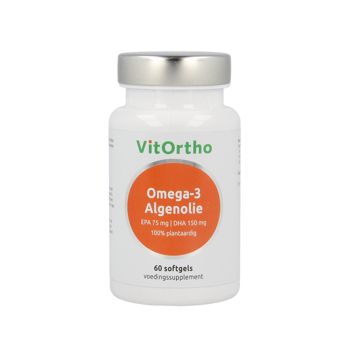Vegan Omega-3 capsules from VitOrtho with EPA 75mg and DHA 150mg, featuring vegetarian-friendly softgel capsules.