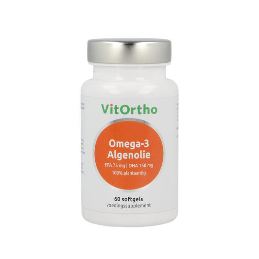 Vegan Omega-3 capsules from VitOrtho with EPA 75mg and DHA 150mg, featuring vegetarian-friendly softgel capsules.