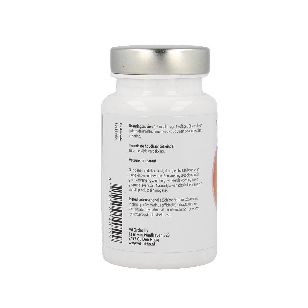 Vegan VitOrtho Omega-3 algae oil capsules with EPA 75mg and DHA 150mg, vegetarian dietary supplement in a bottle