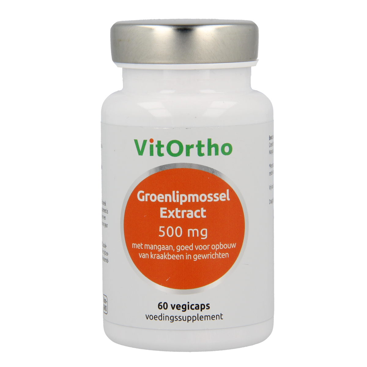 VitOrtho Groenlipmossel extract 500mg vegetarian capsules, mineral supplement in a clear bottle with capsules visible.