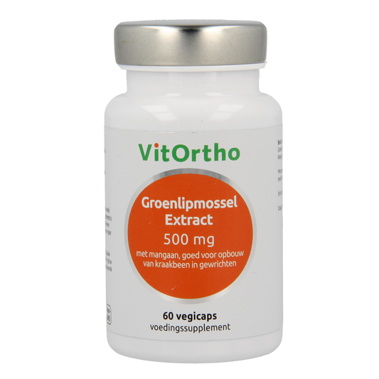 VitOrtho Groenlipmossel extract 500mg vegetarian capsules, mineral supplement in a clear bottle with capsules visible.