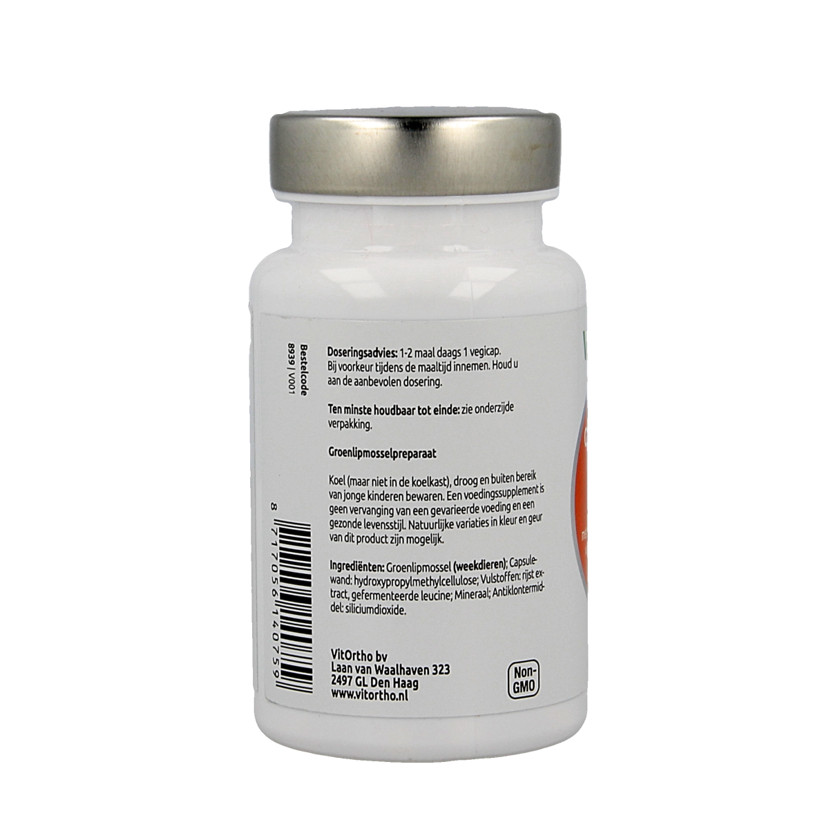 VitOrtho Groenlipmossel extract 500mg vegetarian capsules, mineral supplement in a white bottle with green label.