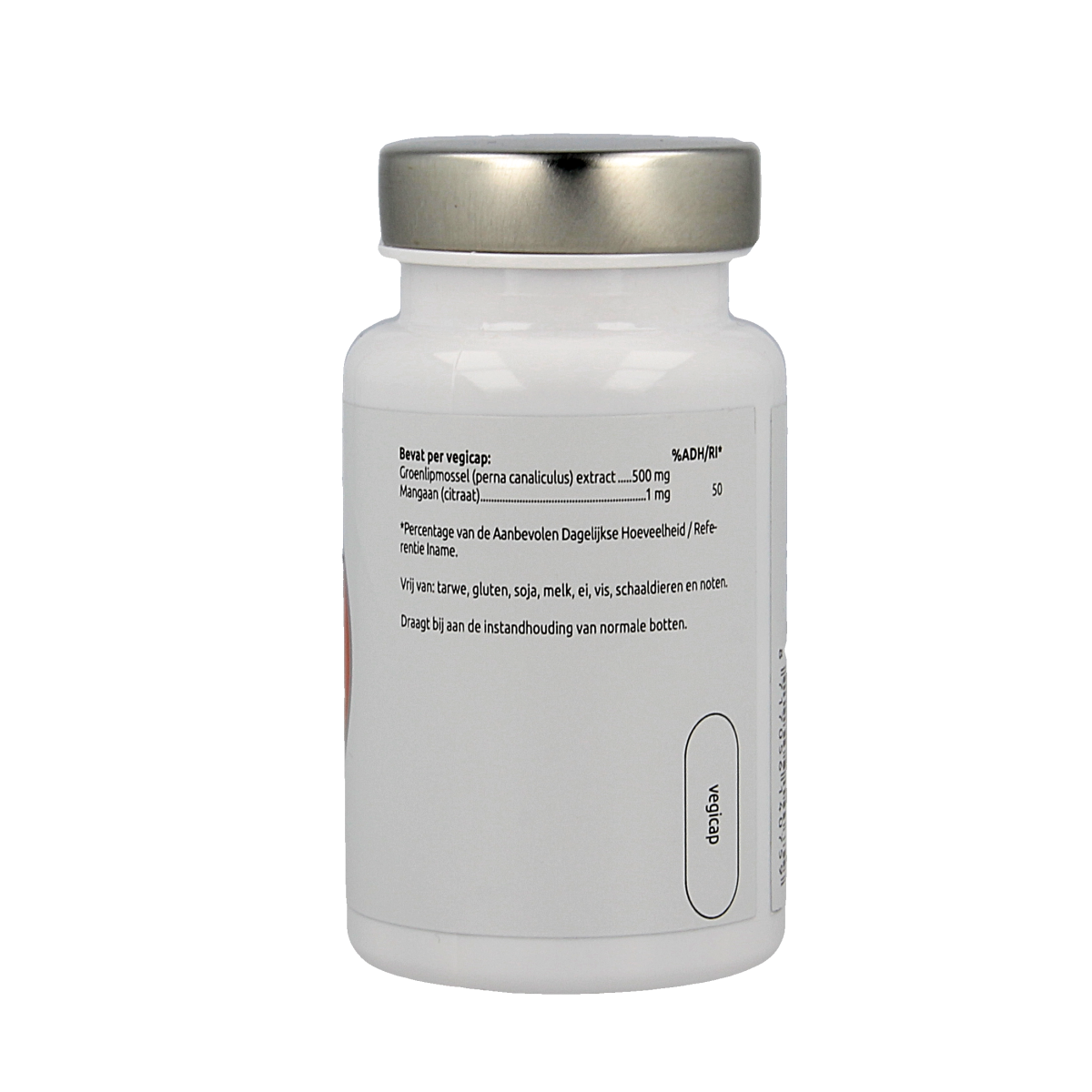 VitOrtho Groenlipmossel extract 500mg vegetarian capsules, mineral supplement in a white bottle with label details.