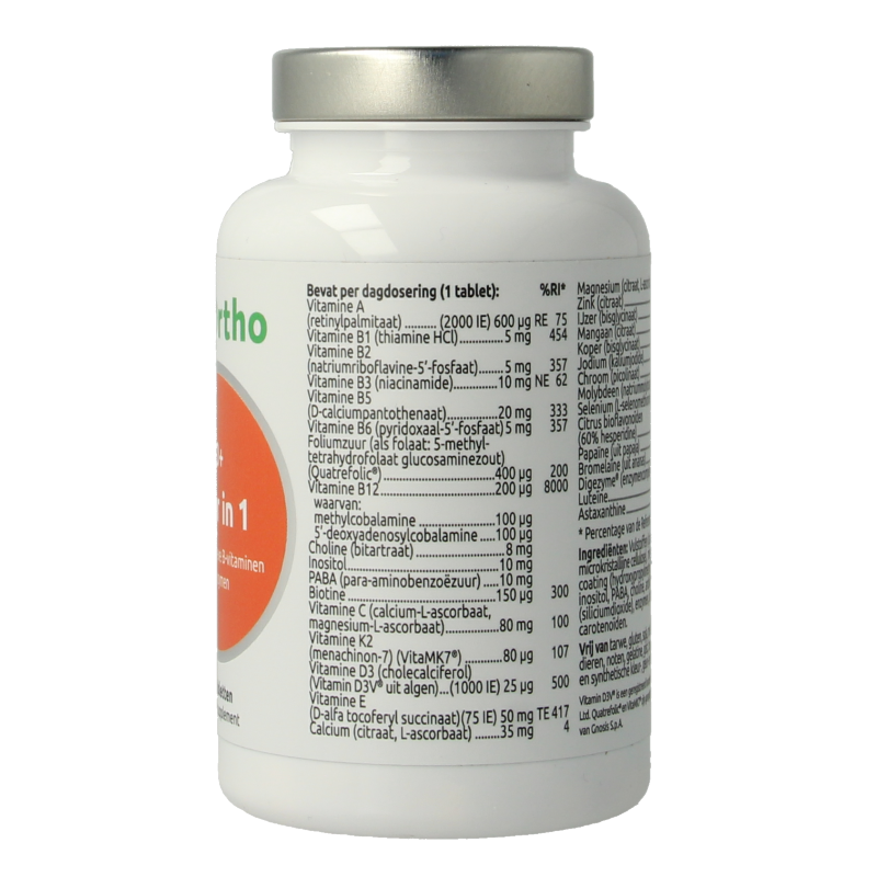 Bottle of VitOrtho Meer in 1 50+ multivitamin tablets showing the label and 120 tablets inside the container.