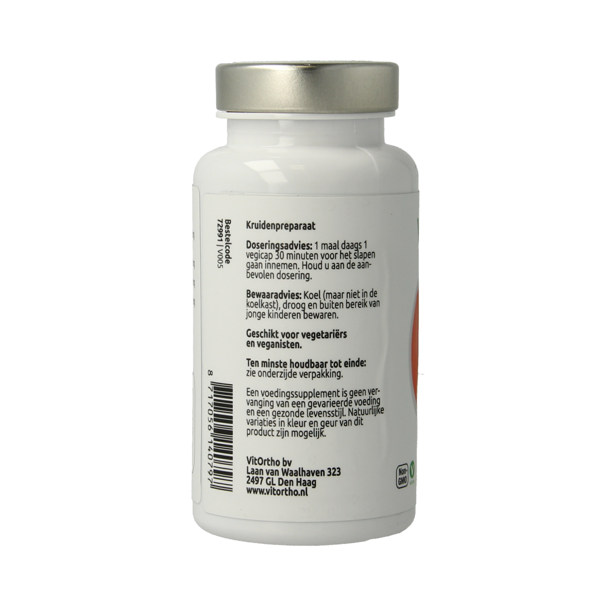 VitOrtho Slaap 4 in 1 vegetarische capsules, herbal supplement in a white bottle with green label, designed for sleep support.