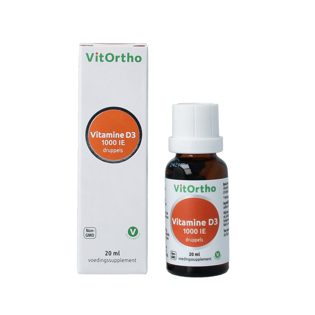 Bottle of VitOrtho Vitamine D3 1000IE drops in a 20ml container, with the label featuring the VitOrtho brand and product details.