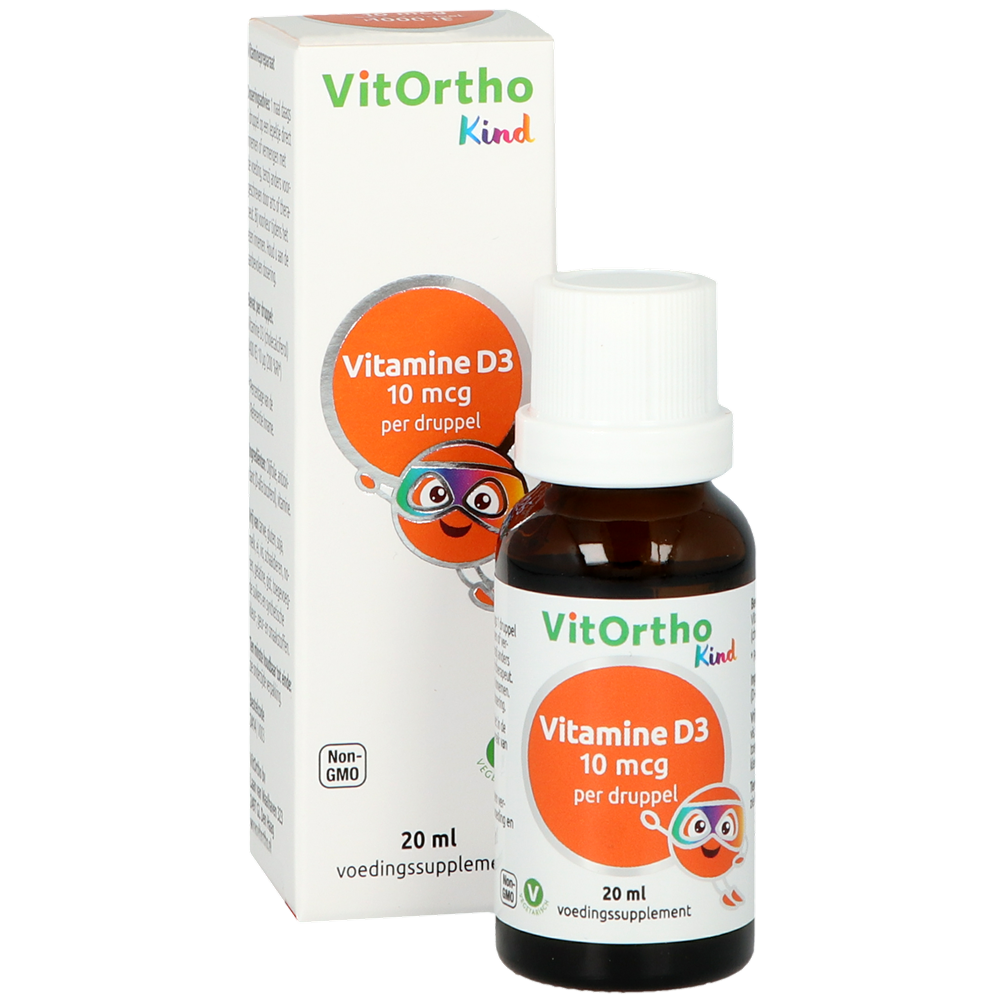 Bottle of VitOrtho Vitamin D3 10mcg liquid supplement in a 20ml bottle, with the label showing the brand and product details.
