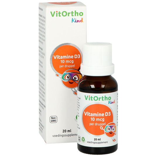 Bottle of VitOrtho Vitamin D3 10mcg liquid supplement in a 20ml bottle, with the label showing the brand and product details.