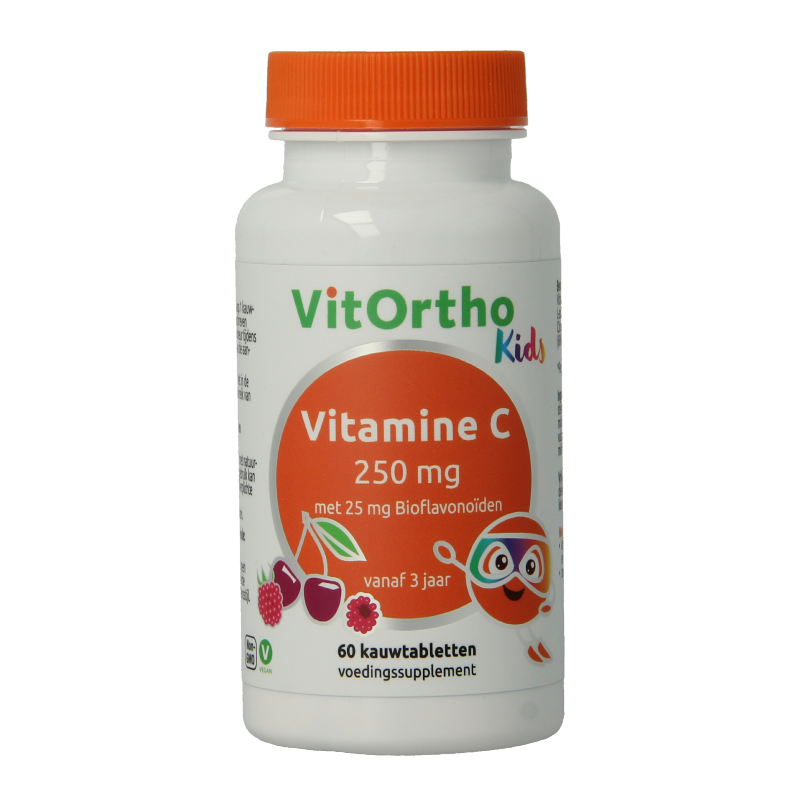 VitOrtho Vitamin C 250mg with 25mg bioflavonoids chewable tablets, shown in a close-up image of the supplement packaging.