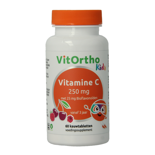 VitOrtho Vitamin C 250mg with 25mg bioflavonoids chewable tablets, shown in a close-up image of the supplement packaging.