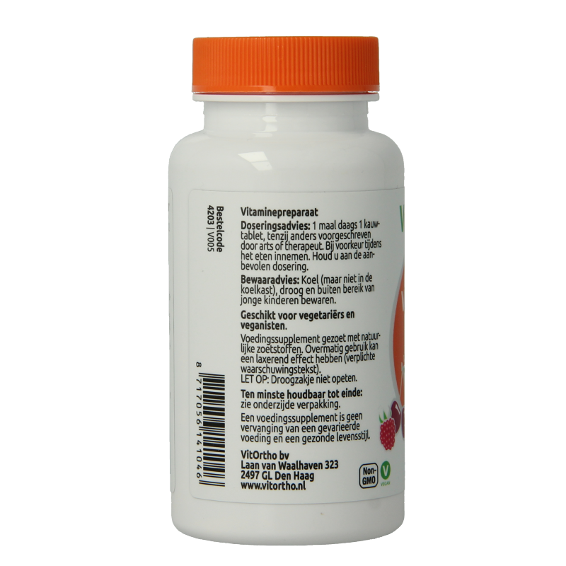 VitOrtho Vitamin C 250mg with 25mg bioflavonoids in 60 chewable tablets, showing the supplement packaging and tablets.