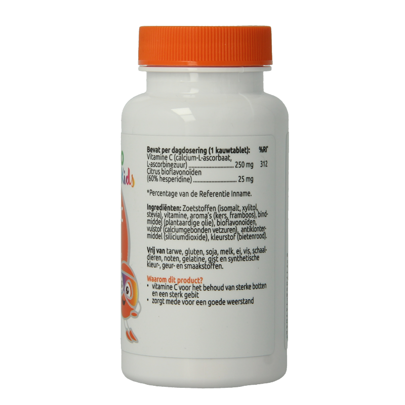 VitOrtho Vitamin C 250mg with 25mg bioflavonoids in 60 chewable tablets, close-up of supplement packaging.