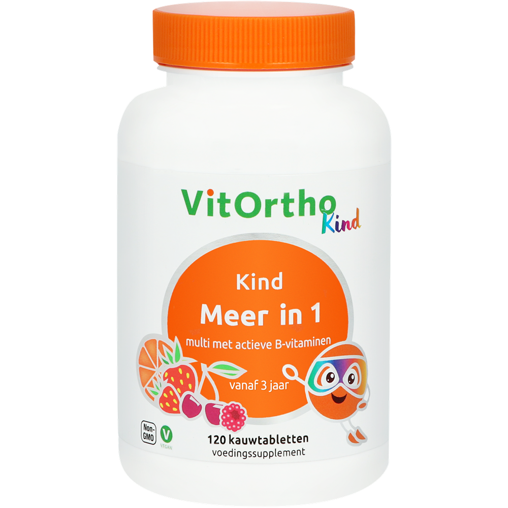 VitOrtho Meer in 1 multivitamin chewable tablets in a bottle, dietary supplement for overall health, showin the product packaging.