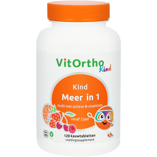 VitOrtho Meer in 1 multivitamin chewable tablets in a bottle, dietary supplement for overall health, showin the product packaging.