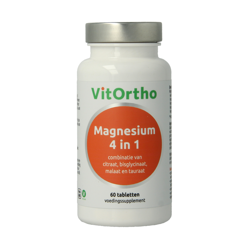 VitOrtho Magnesium 4 in 1 mineral supplement bottle with 60 tablets, showing the product packaging and tablets inside.