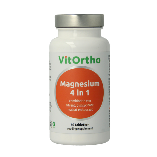 VitOrtho Magnesium 4 in 1 mineral supplement bottle with 60 tablets, showing the product packaging and tablets inside.