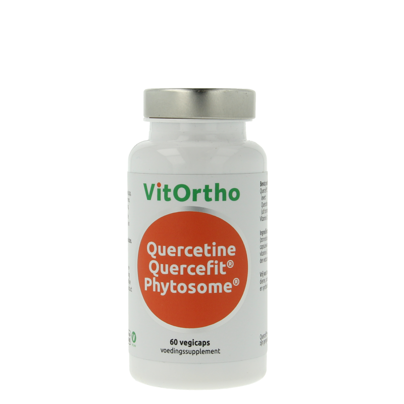 VitOrtho Quercetine quercefit phytosome herbal capsules, vegetarian supplement in a white bottle with label.