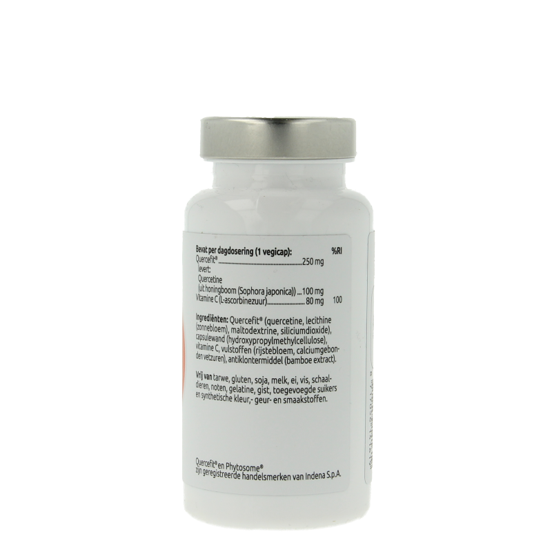VitOrtho Quercetine quercefit phytosome capsules, vegetarian herbal supplement in a white bottle with a label and capsules inside.