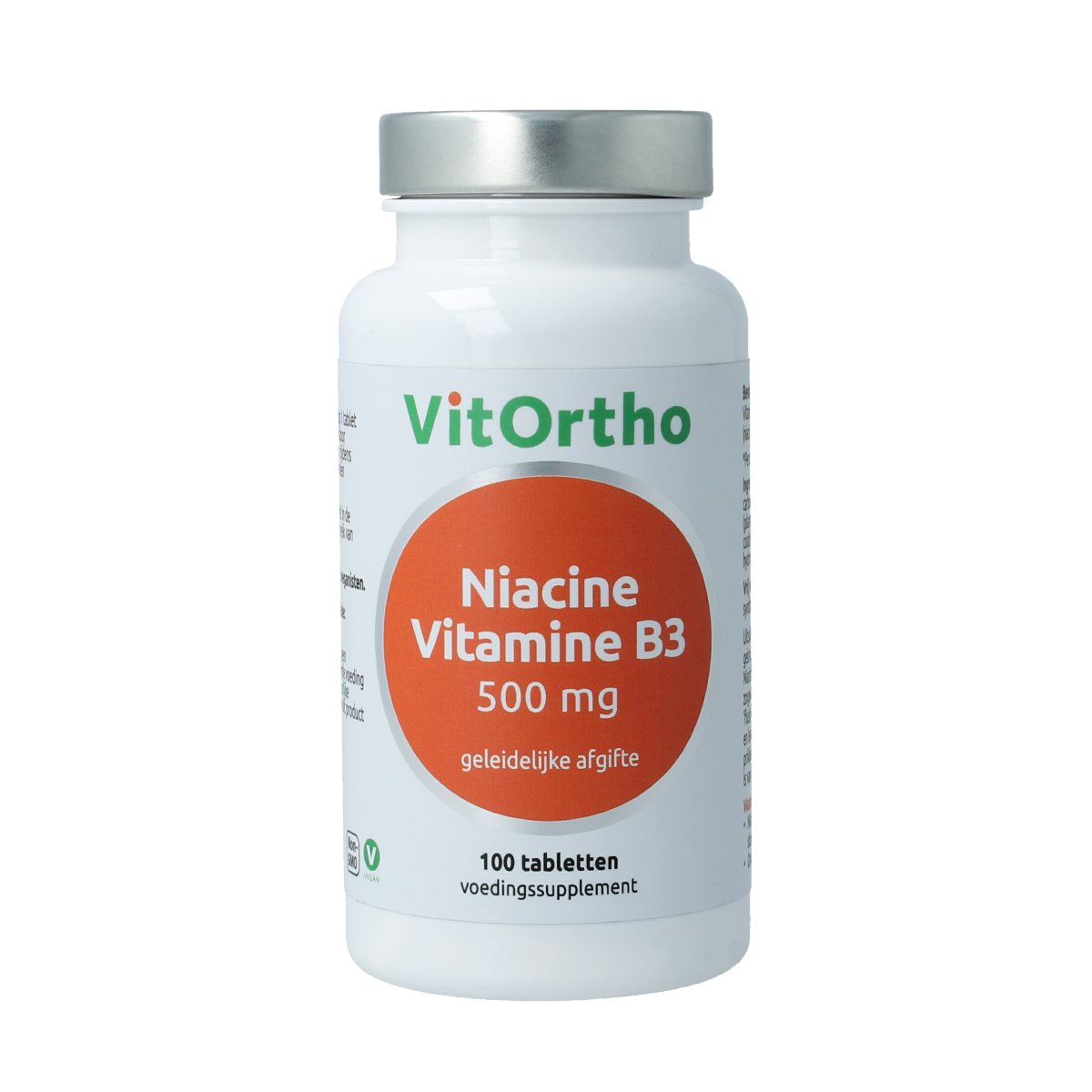 Bottle of VitOrtho Niacin Vitamin B3 100mg tablets, dietary supplement in a clear container with tablets visible.