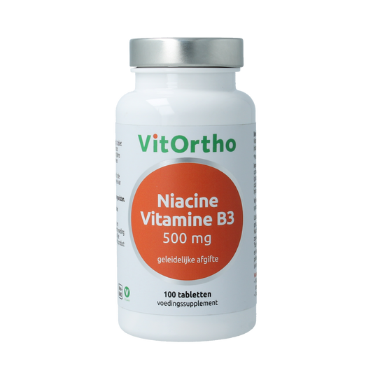 Bottle of VitOrtho Niacin Vitamin B3 100mg tablets, dietary supplement in a clear container with tablets visible.