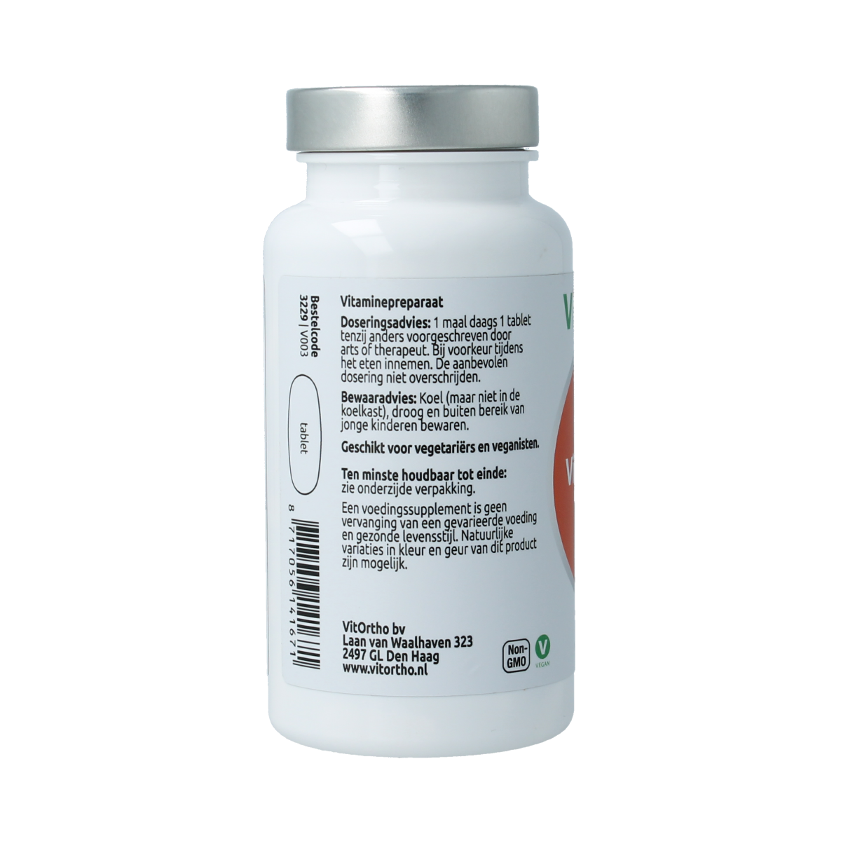 VitOrtho Niacine Vitamin B3 100mg tablets, close-up of orange-colored supplements in blister pack.