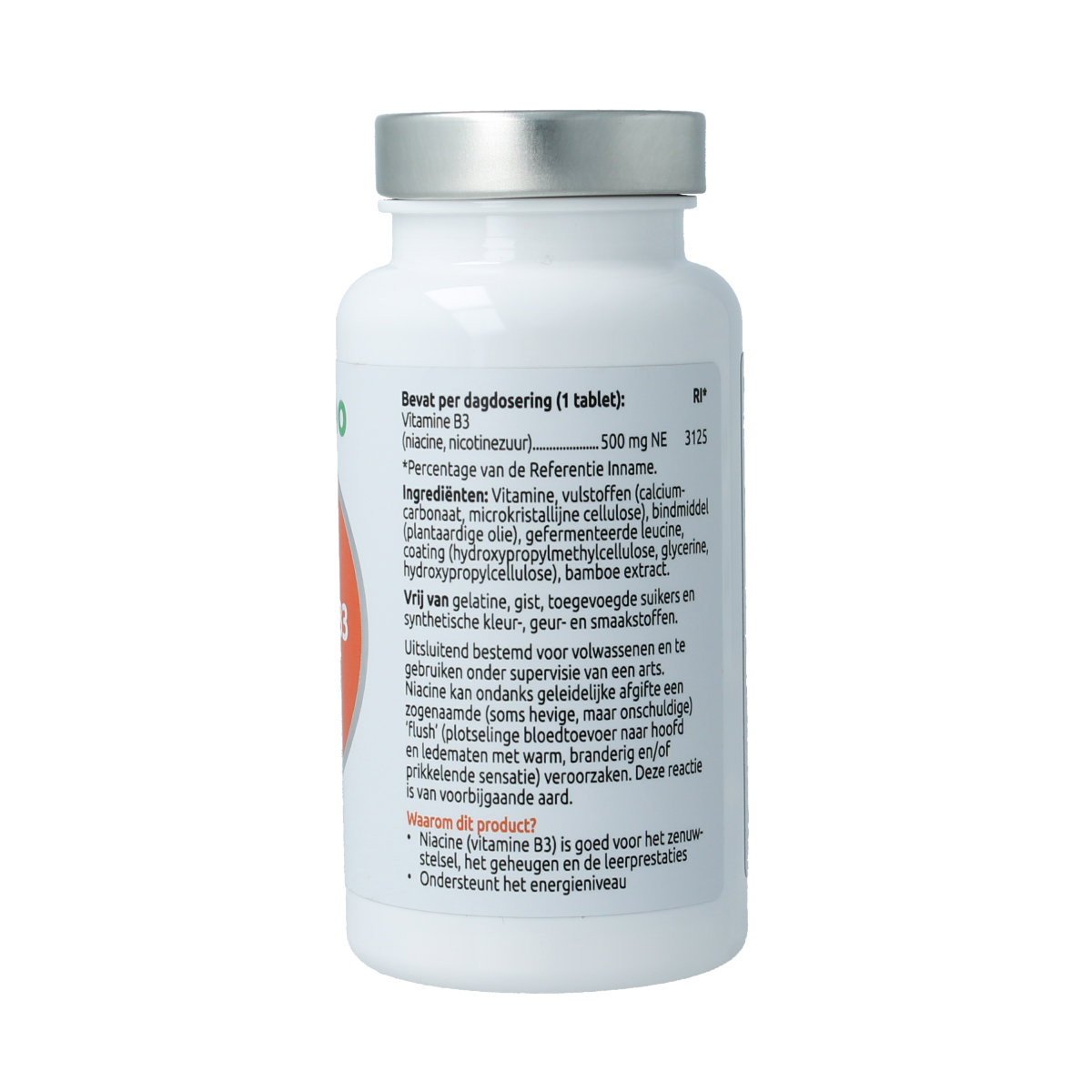 VitOrtho Niacin Vitamin B3 tablets, natural dietary supplement in a bottle, close-up of the supplement packaging and tablets