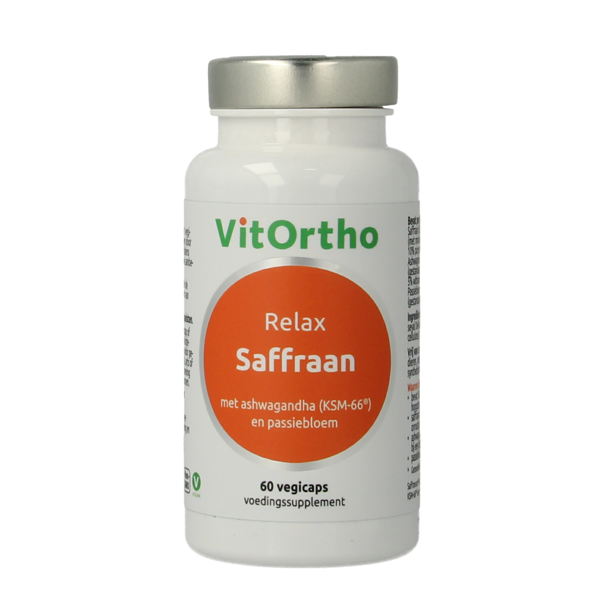 VitOrtho Saffraan Relax vegetarian capsules, herbal supplement with saffron for relaxation, shown in bottle with capsules.