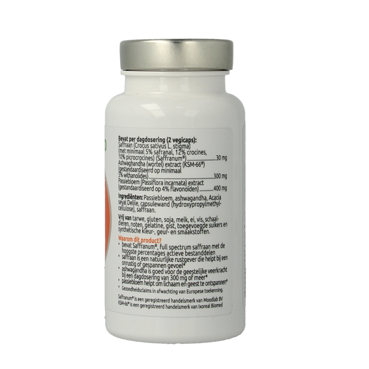 VitOrtho Saffraan Relax herbal capsules in a bottle, vegetarian supplement for relaxation and wellness.