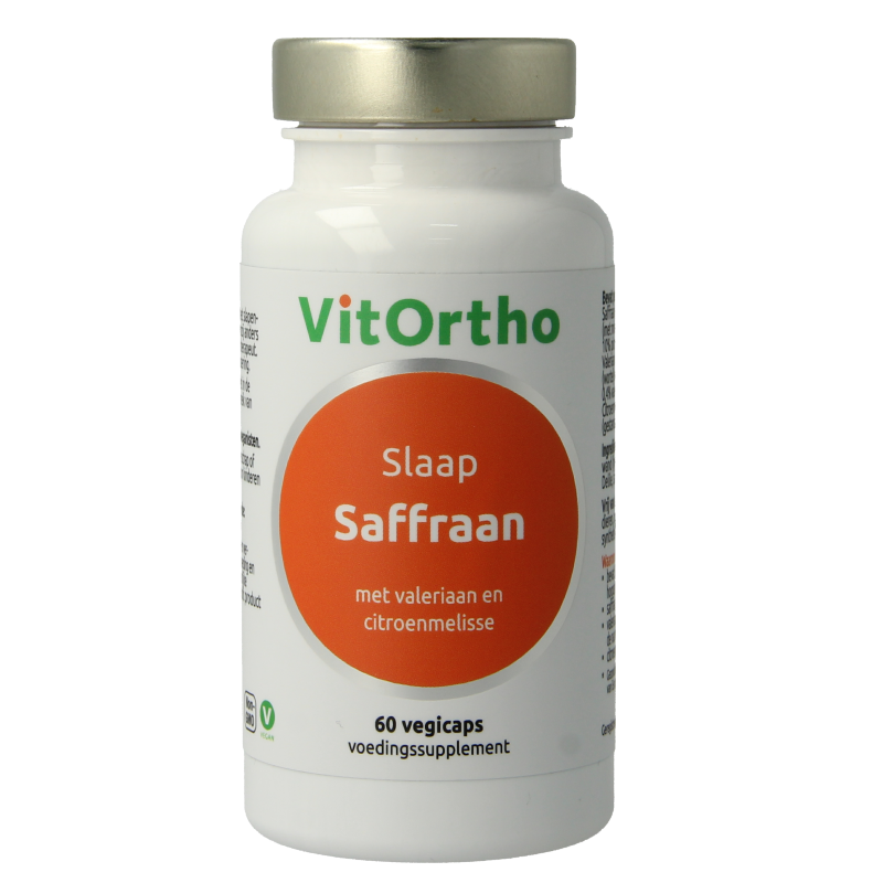VitOrtho Saffraan Slaap capsules, vegetarian herbal supplement in a bottle, designed to support restful sleep.