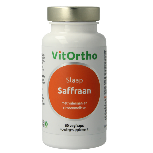 VitOrtho Saffraan Slaap capsules, vegetarian herbal supplement in a bottle, designed to support restful sleep.
