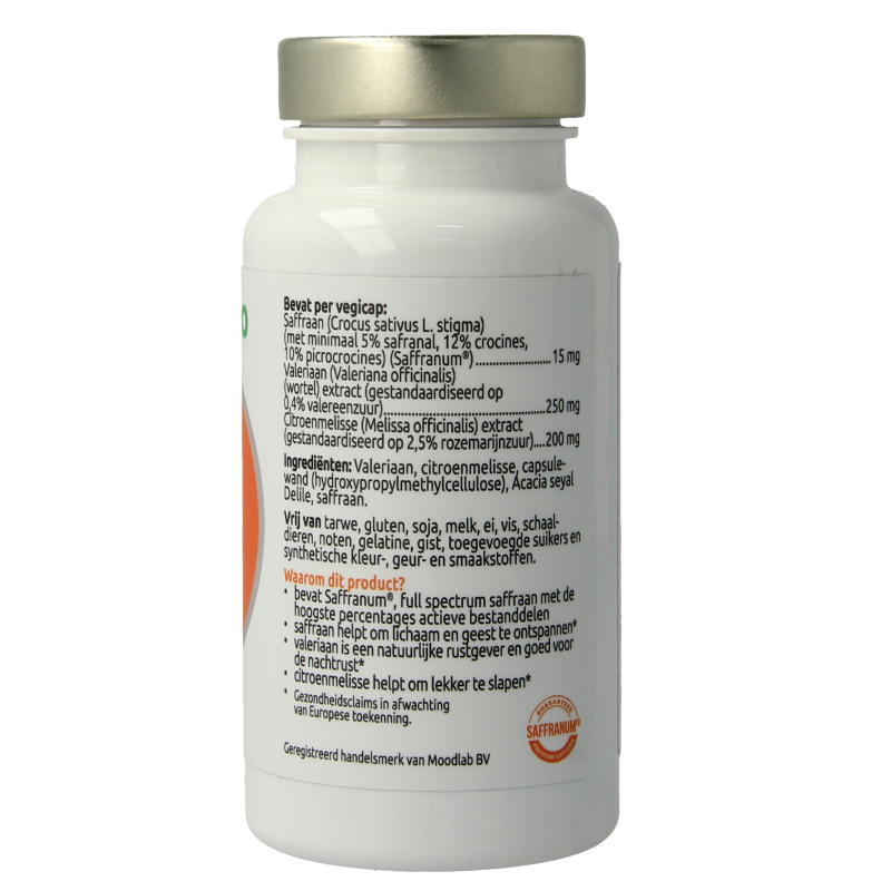 VitOrtho Saffraan Slaap herbal capsules in a bottle, vegetarian dietary supplement for relaxation and sleep support.