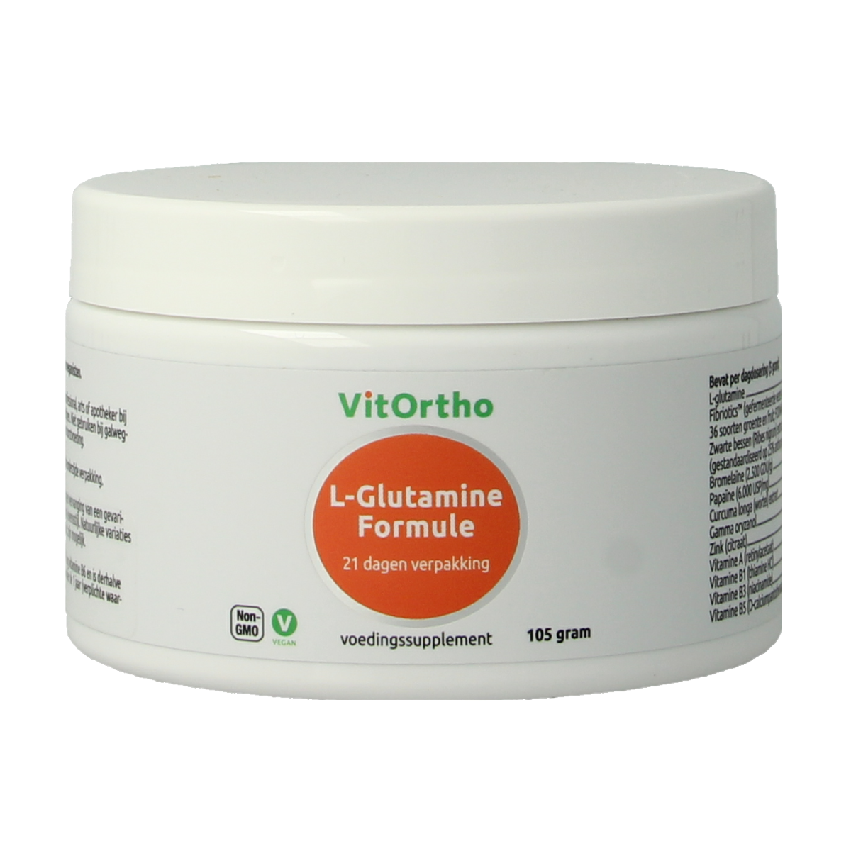 VItOrtho L-Glutamine amino acid supplement in 105g container, showing the label and product packaging.
