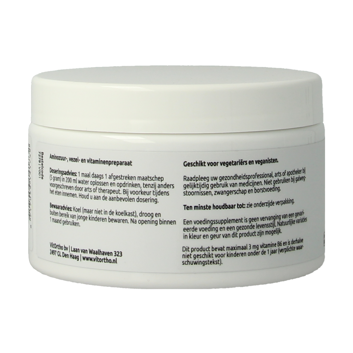 Bottle of VitOrtho L-Glutamine amino acids supplement, 105 grams, showing the product label and packaging.