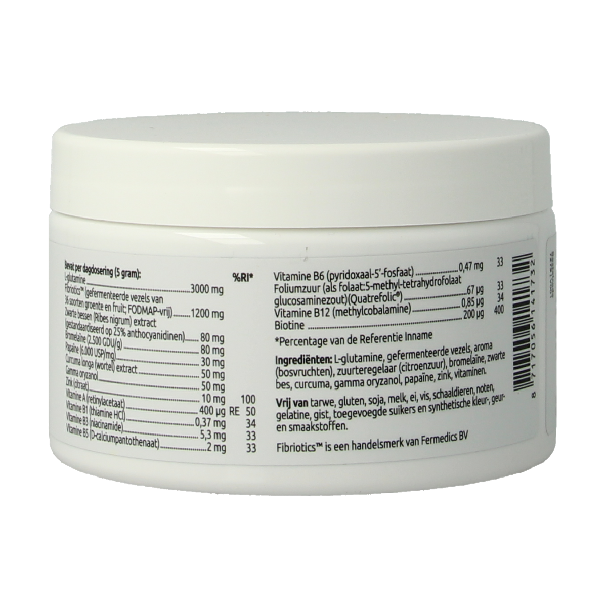 Bottle of VitOrtho L-Glutamine amino acids supplement with label showing 105 grams on the VitOrtho packaging.