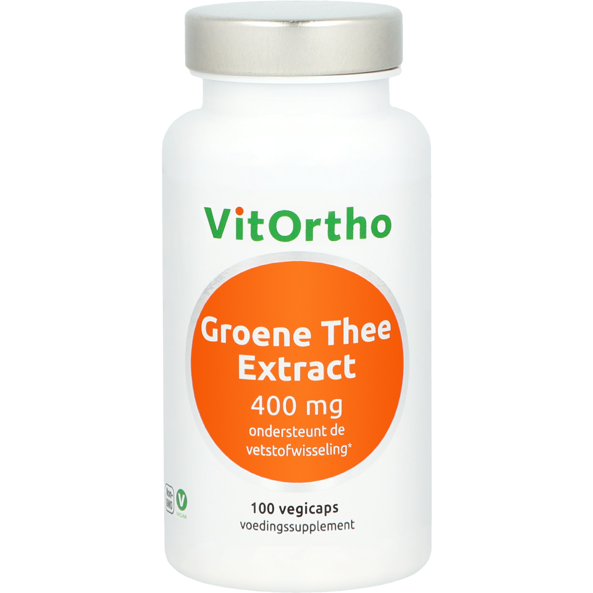 VitOrtho Groene Thee Extract capsules, 400 mg herbal supplement in a bottle with 100 capsules, natural herbal product.