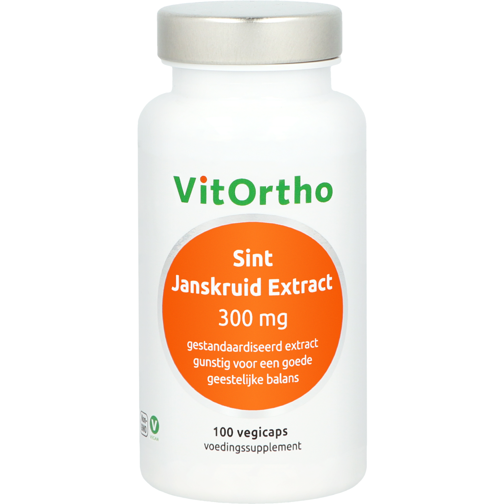 VitOrtho Sint Janskruid extract 300 mg vegetarian capsules, herbal supplement in a clear plastic bottle with capsules inside.